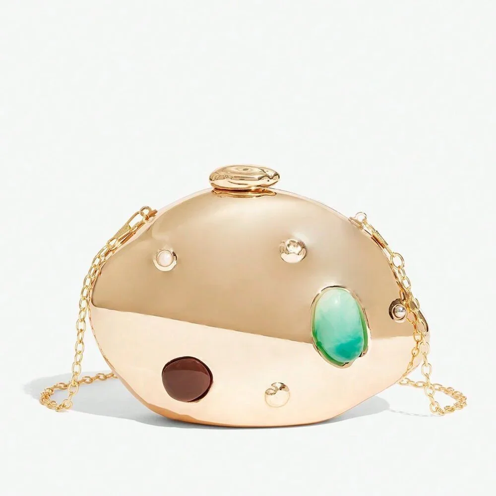 Gold Glamorous Women's Evening Crossbody Clutch Bag with Colored Stone Inlay